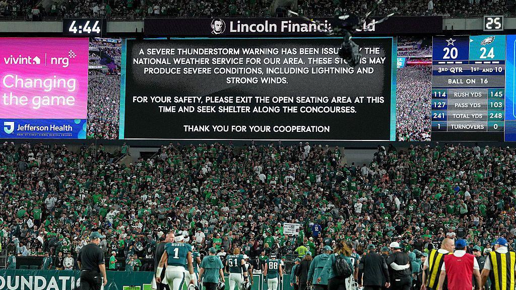 A large surface astatine Lincoln Financial Field asking fans to time off their seats because of lightning