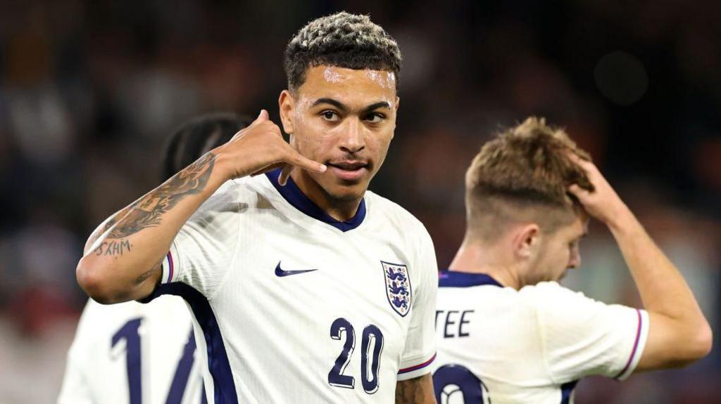 England's Morgan Rogers celebrates scoring for the England Under-21s against Austria