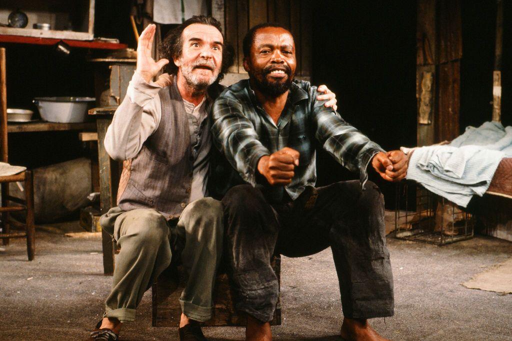 Athol Fugard (left) and actor Zakes Mokae in a scene from the play The Blood Knot (by Fugard) at Yale University, New Haven, Connecticut, 1985. The pair starred in the original production in 1961 and again in the Broadway premiere in 1986