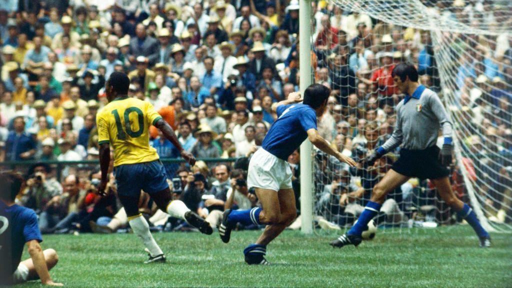 Pele runs away celebrating after scoring for Brazil against Italy in the final of the 1986 Fifa World Cup in Estadio Azteca, Mexico City