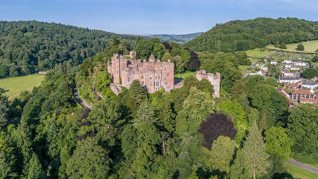 Dunster Castle in Exmoor National Park, Somerset. It is a large medieval castle with pointed turrets and slit windows. It is on top of a hill, surrounded by mature trees, forests and fields. To the right there are houses in a small village. 