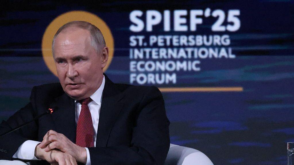 Russian President Vladimir Putin speaks during the plenary session of the 28th Saint Petersburg International Economic Forum SPIEF 2025