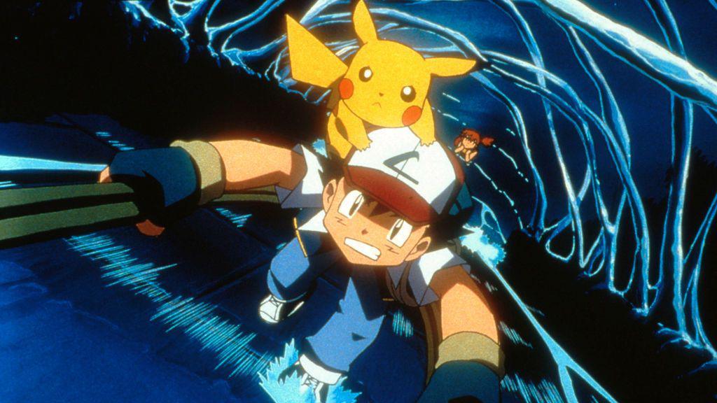 Cartoon still shows Ash - a young boy in a white, red-peaked baseball cap, varsity jacket and wearing fingerless gloves - climbing a ladder as a swirling vortex of water rages below. Yellow, rodent-like Pikachu is clinging on to his cap, looking forward with determination.