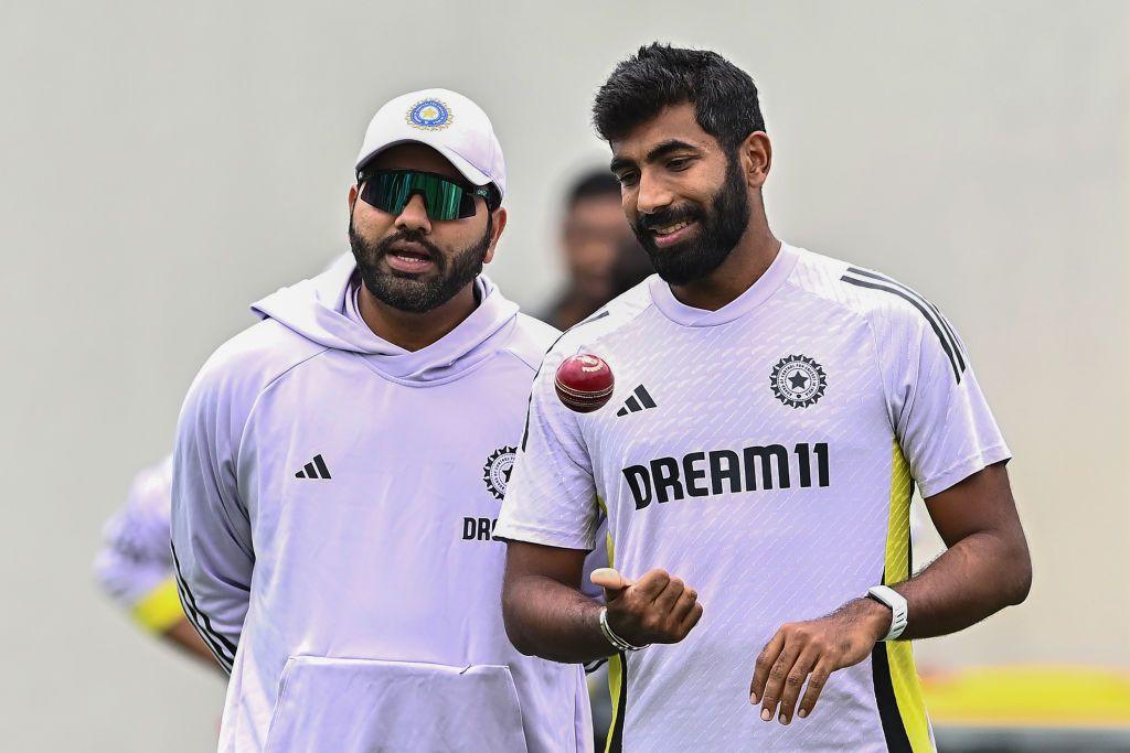 2025/01/02: Jasprit Bumrah (R) and Captain Rohit Sharma (L) of Team India seen during a net practice session ahead of the fifth cricket Test match between Australia and India at the Sydney Cricket Ground. Border - Gavaskar series at the Sydney Cricket Ground from Friday 3 January to Tuesday 7 January 2025.