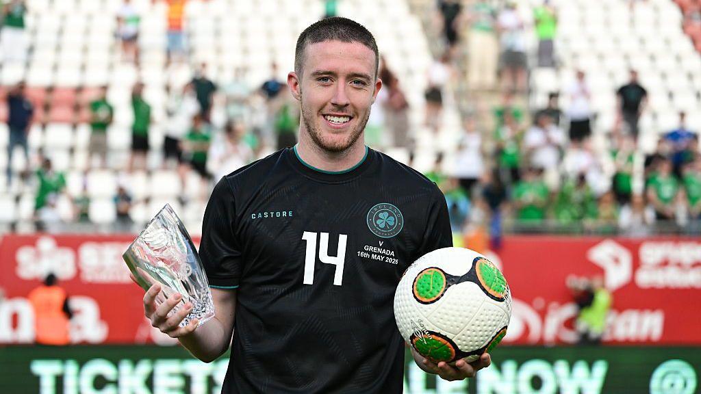 Jack Moylan of Republic of Ireland with the Player of the match award and the match ball, after scoring a hat-trick, after the international friendly match between Republic of Ireland and Grenada at Estadio Nueva Condomina in Murcia, Spain