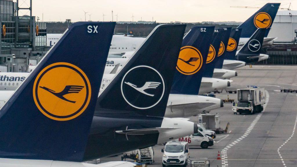 The tail fins of eight Lufthansa aircraft parked at gates at Frankfurt airport.