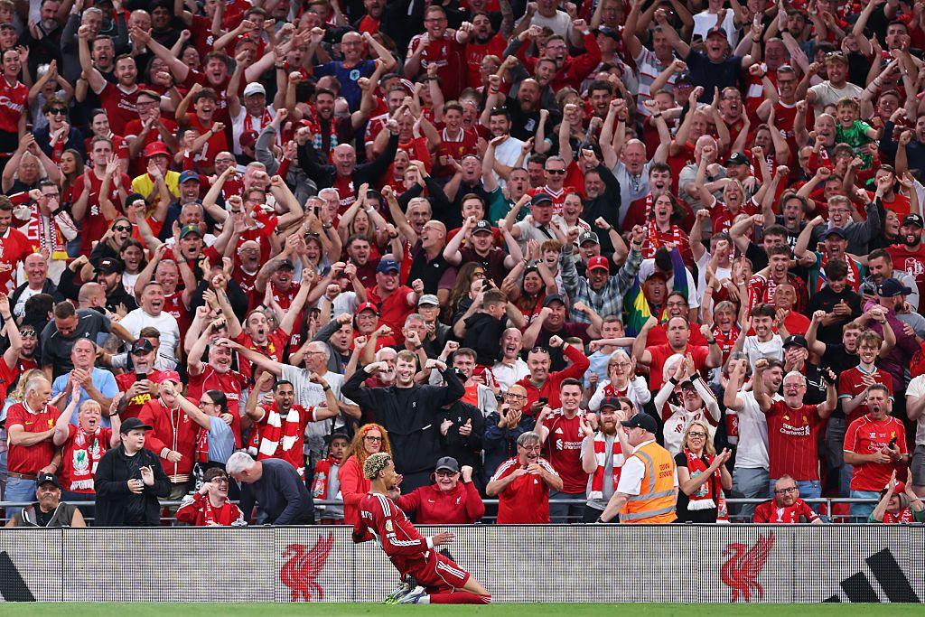 Hugo Ekitike of Liverpool celebrates after scoring a goal to make it 1-0 during the Premier League match between Liverpool and Bournemouth at Anfield 