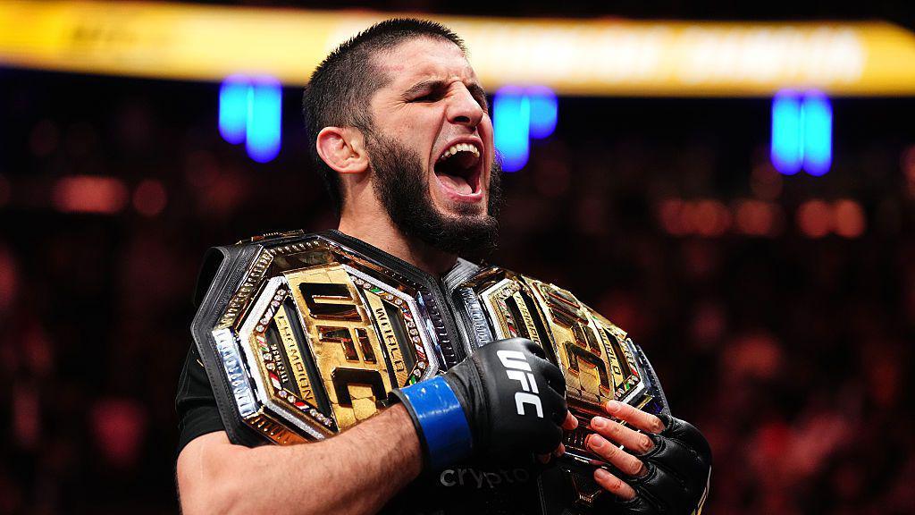 Islam Makhachev celebrates beating Jack Della Maddalena at UFC 322