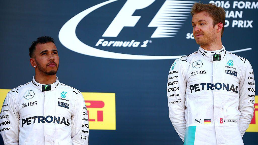 Mercedes driver Nico Rosberg looking at his team-mate Lewis Hamilton at the 2016 Russian Grand Prix.