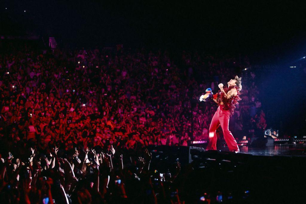 Harry Styles performs in front of a crowd in Las Vegas