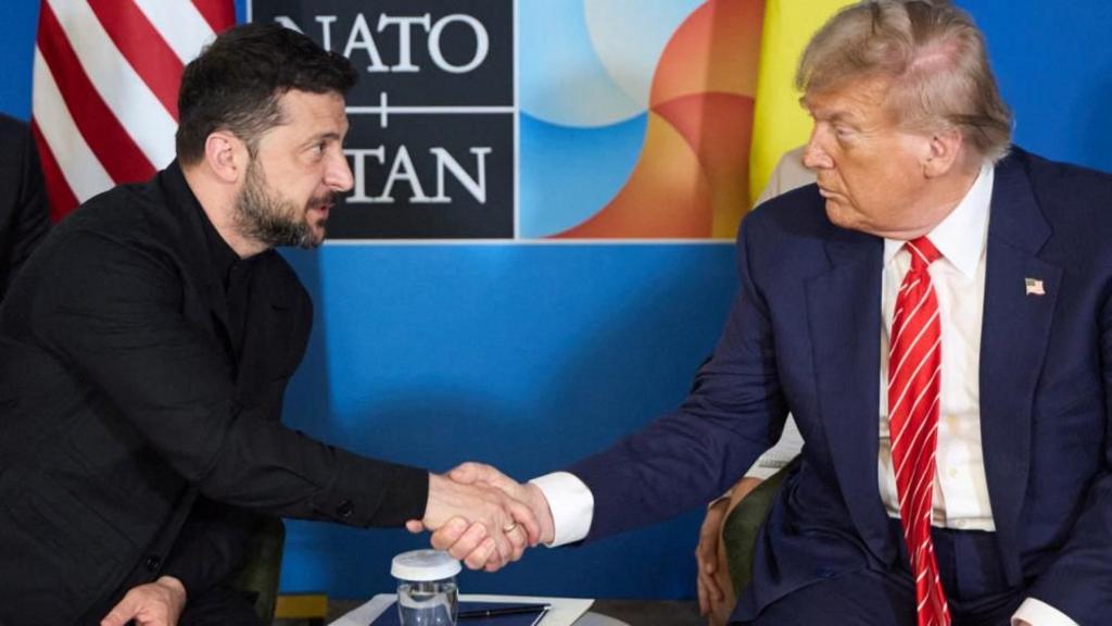 U.S. President Donald Trump and Ukraine's President Volodymyr Zelenskiy attend a meeting on the sidelines of NATO summit in The Hague, Netherlands June 25, 2025.