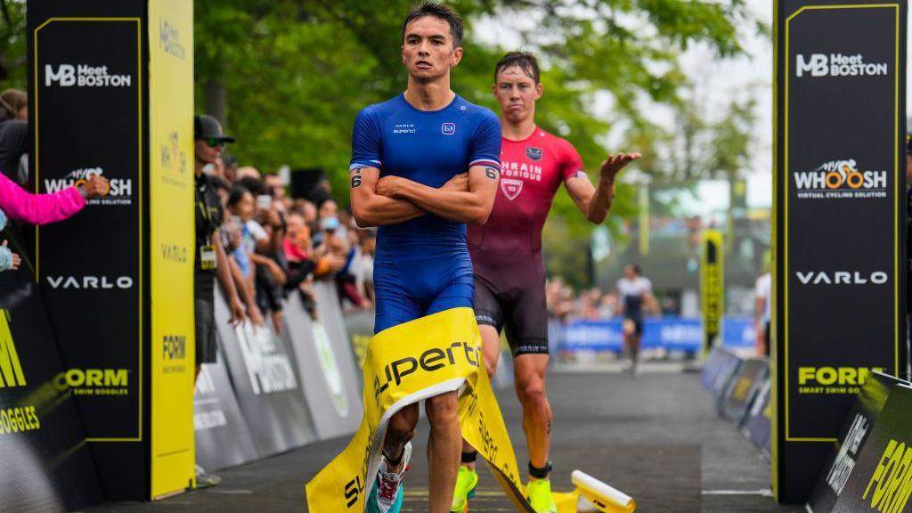 Alex Yee produced a 'cold' celebration in Boston, folding his arms as he crossed the line