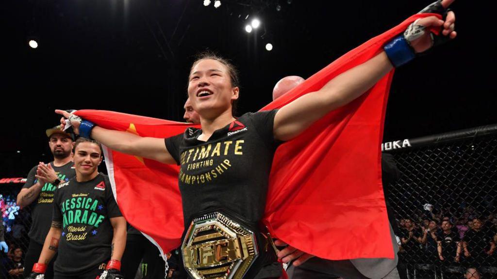 Zhang Weili celebrates after beating Tatiana Suarez at UFC 312