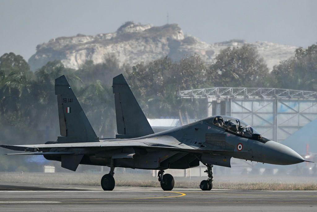 The Indian Air Force (IAF) Sukhoi Su-30MKI fighter jet prepares to take off during Aero India 2025, a military aviation exhibition at the Yelahanka Air Force Station in Bengaluru on February 13, 2025.