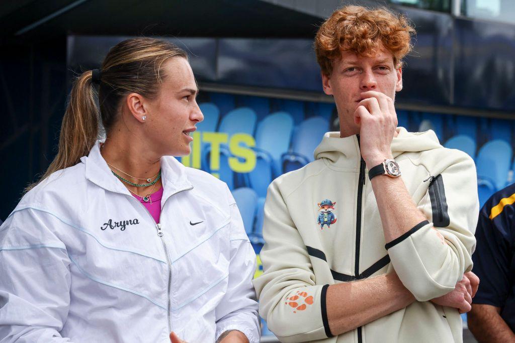 Aryna Sabalenka and Jannik Sinner talk during a press event at the 2025 Australian Open