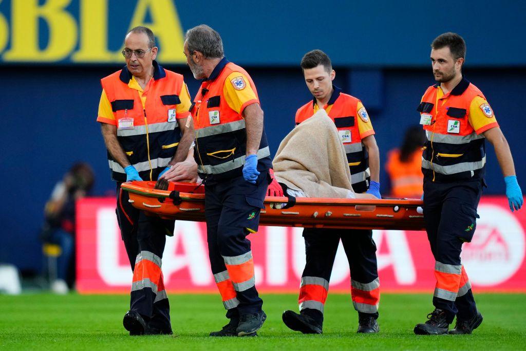 Marc ter Stegen being carried off on a stretcher.