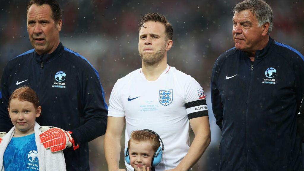 (l-r) David Seaman, Olly Murs and Sam Allardyce at Soccer Aid 2018