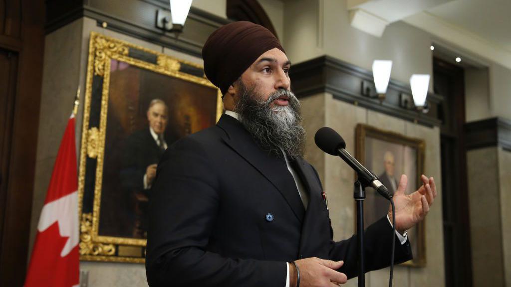 Jagmeet Singh, leader of Canada's New Democratic Party (NDP), during a news conference on the federal budget in Ottawa, Ontario, Canada, on Tuesday, April 16, 2024