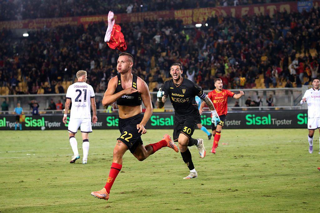 Francesco Camarda celebrates scoring a goal by taking his shirt off