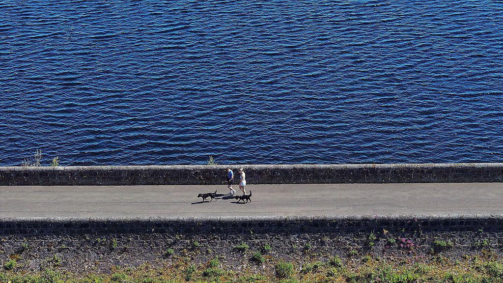 two people walk with dogs next to a reservoir in Scotland