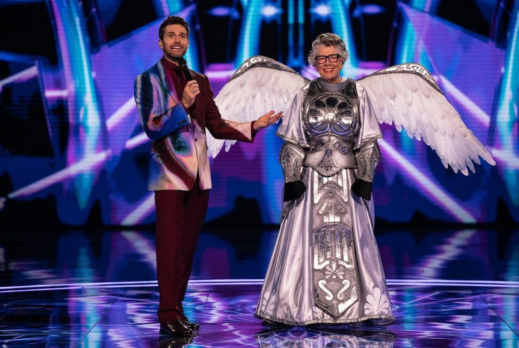 Prue Leith in Pegasus costume with Joel Dommett on the set of The Masked Singer.