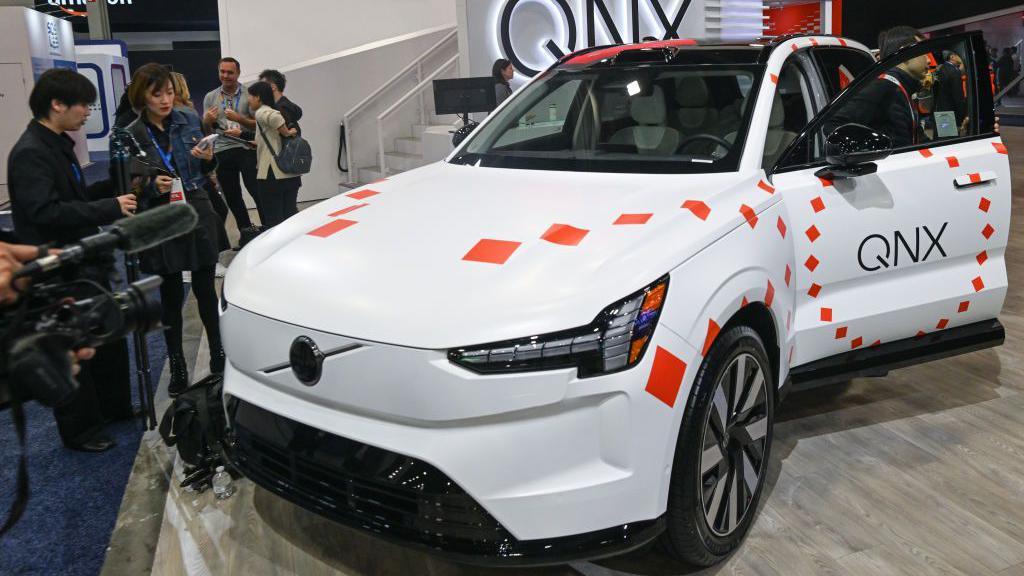 The Volvo EX90, featuring the new QNX software, is showcased inside the Convention Center during CES 2025 in Las Vegas, Nevada, USA, on 9 January, 2025.
