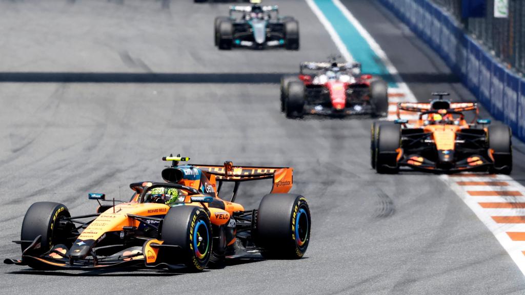 McLaren's Lando Norris ahead of team-mate Oscar Piastri during the Miami Grand Prix sprint, with Ferrari's Charles Leclerc in the background and the Mercedes of Kimi Antonelli