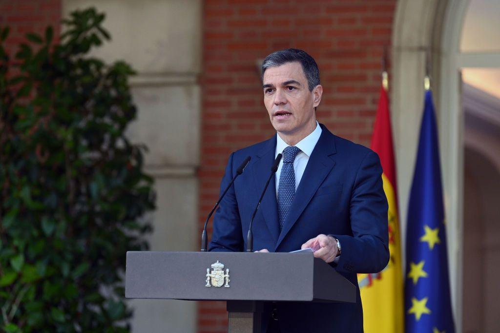 Spanish Prime Minister Pedro Sanchez delivers a speech over the recognition of Palestinian statehood by Spain, at La Moncloa Palace in Madrid, Spain on May 28, 2024