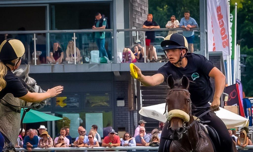 Man riding a horse holding out a small ring to a woman on a horse holding out her hand