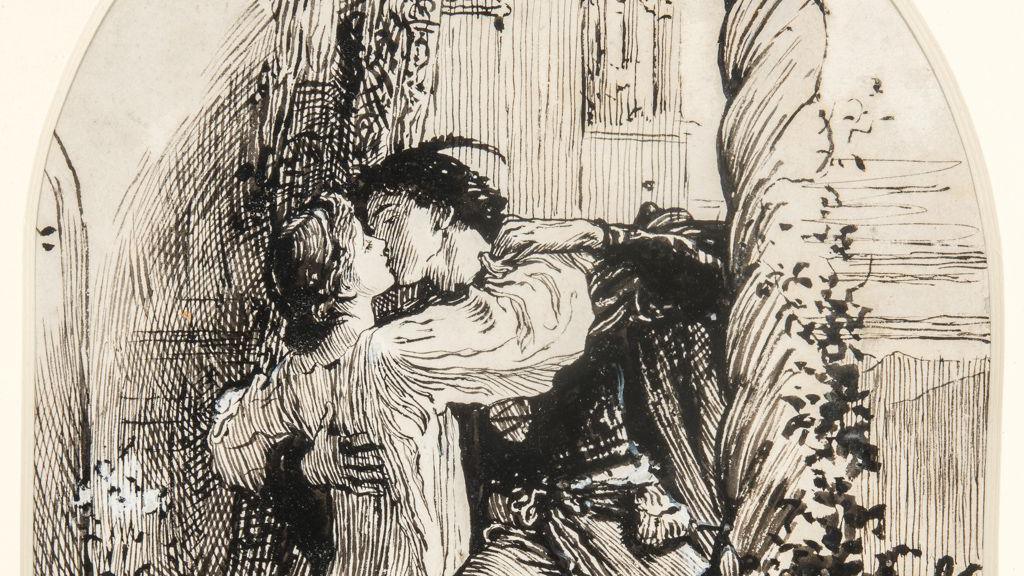 A black ink pen drawing of a young couple embracing in an archway.