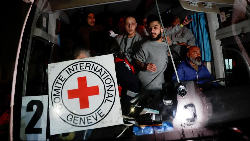 reed Palestinian prisoners ride in a bus after their release from an Israeli jail as part of a hostages-prisoners swap and a ceasefire deal in Gaza between Hamas and Israel, outside the Israeli military prison, Ofer, near Ramallah, in the Israeli-occupied West Bank, January 20, 2025