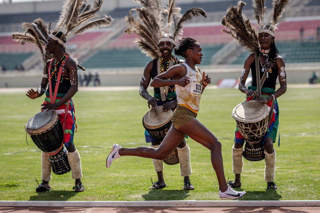 Kenyan 1500m world record holder Faith Kipyegon takes part in the 5000m Women Final during the Kenya Athletics 2024 Paris Olympic Trials at the Nyayo National Stadium in Nairobi, on June 14, 2024. 