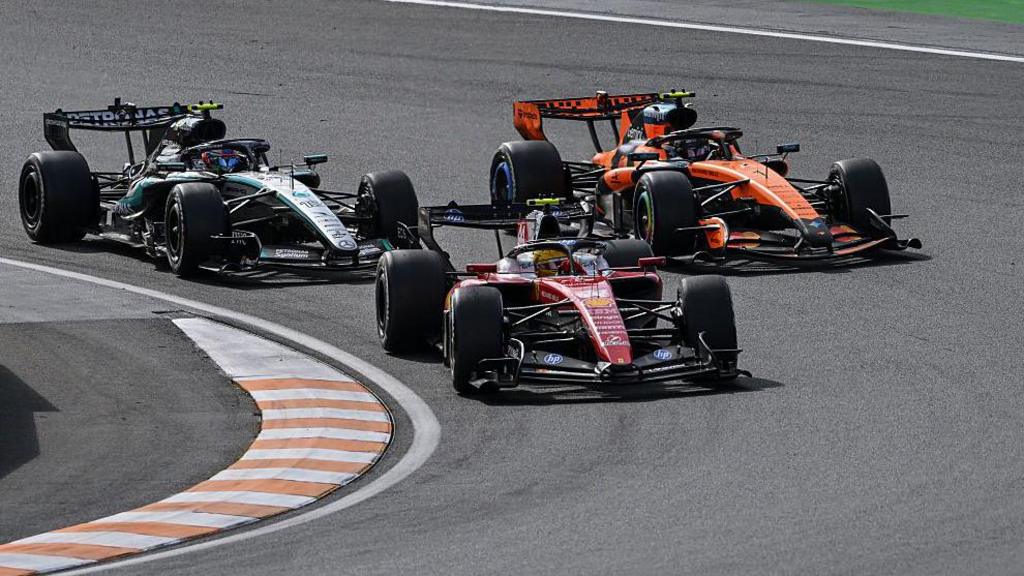 Kimi Antonelli, Lando Norris and Lewis Hamilton battle on track 