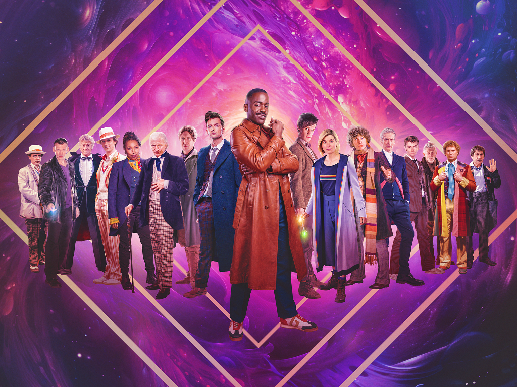 A publicity image of all incarnations of The Doctor, with the 15th Doctor front and centre, on a swirling pink and purple background