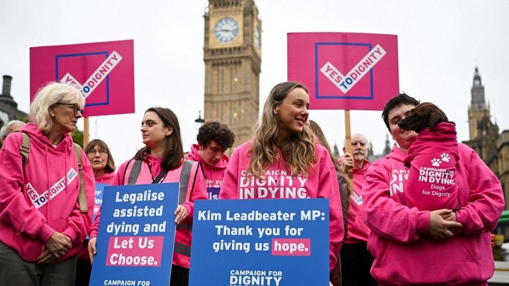 A group of protesters dressed in pink stand outside the Houses of Parliament and hold placards that read: 'Legalise assisted dying and let us choose', and 'Kim Leadbeater MP, thank you for giving us hope'