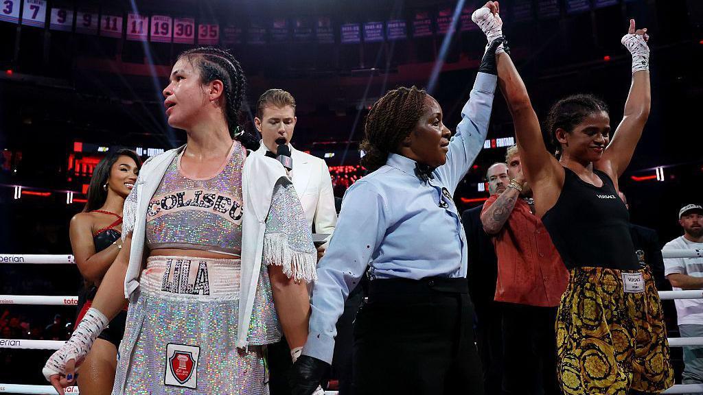 Lila Furtado looks confused as Ramla Ali is announced the winner