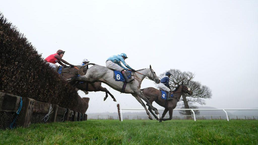 Three riders are jumping a hurdle at the racecourse. The middle rider is wearing a blue jersey, the rider behind him a red one.