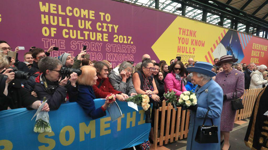 Queen Elizabeth II arrives at Hull Railway Station, during a visit to the city to mark its year as the UK City of Culture on November 16, 2017