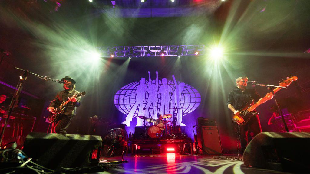 Gaz Coombes, Danny Goffey and Mick Quinn of Supergrass perform on stage at O2 Academy on June 06, 2022 in Glasgow, Scotland. 