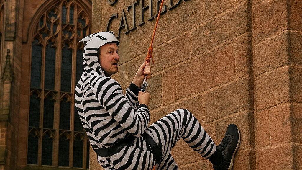 Gavin Kibble can be seen abseiling down the side of Coventry Cathedral. He is wearing a black and white onesie, and black shoes.