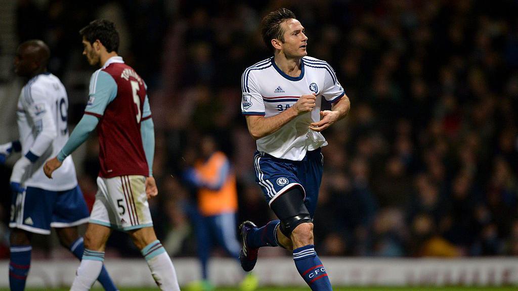 Frank Lampard celebrates a goal for Chelsea against West Ham