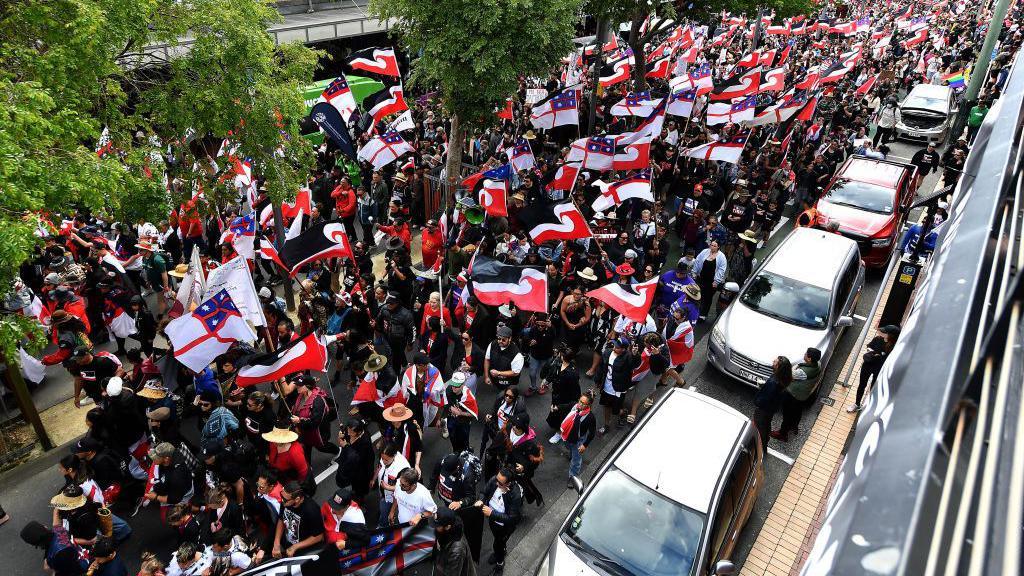 Members of the Maori community and their supporters march through the streets in a protest rally to criticise the government for its policies affecting the Indigenous Mori population in Wellington