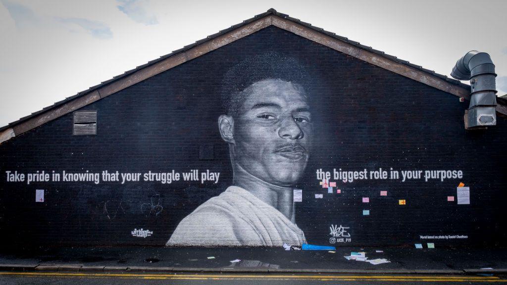 The Marcus Rashford mural on the side of a cafe in Withington, south Manchester.