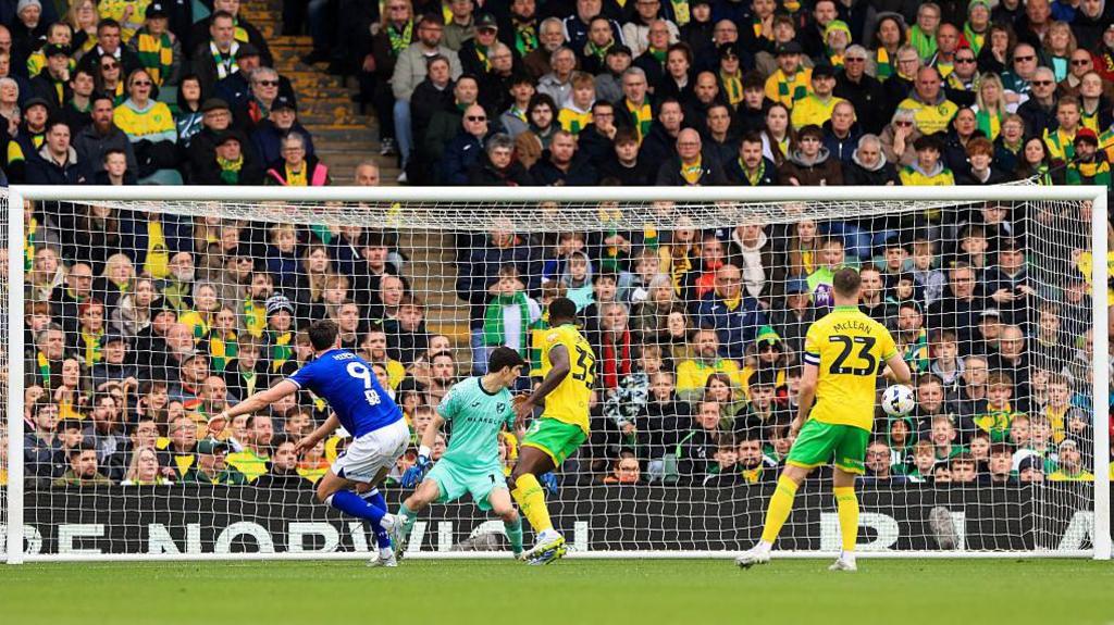 George Hirst scores Ipswich's second goal against Norwich City