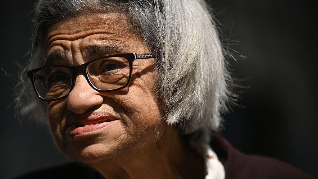 Laila Soueif, mother of jailed British-Egyptian activist Alaa Abdel Fattah, reacts as she makes a statement about her son's situation and her own hunger strike, outside the gates of Downing Street in central London on May 20, 2025.