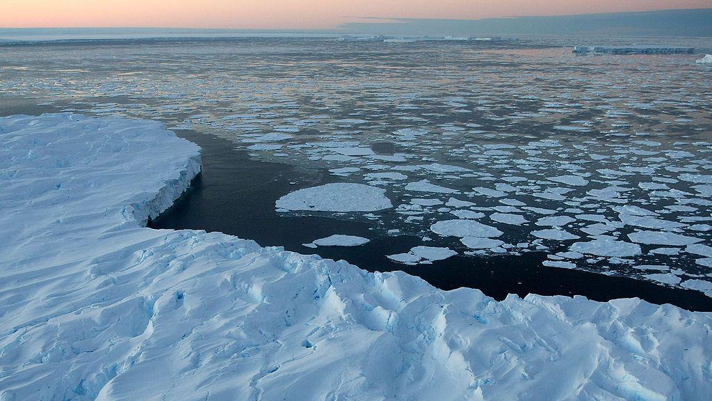 Giant icebergs are surrounded by ice floe drift in the Australian Antarctic Territory