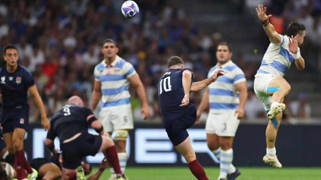 George Ford hits a drop-goal against Argentina in the 2023 Rugby World Cup
