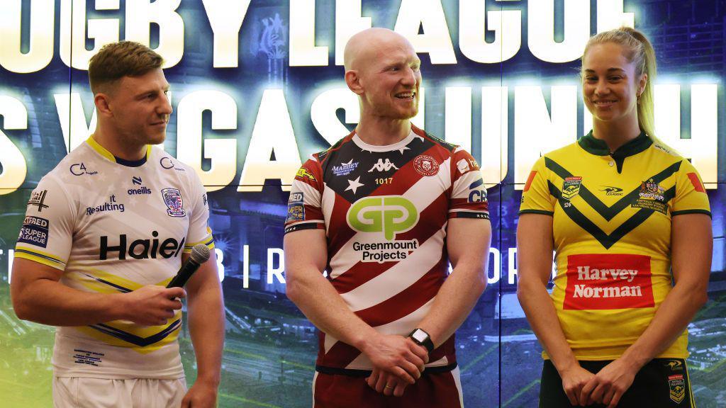 George Williams of the Warrington Wolves, Liam Farrell of the Wigan Warriors and Kezie Apps of the Australian Jillaroos.