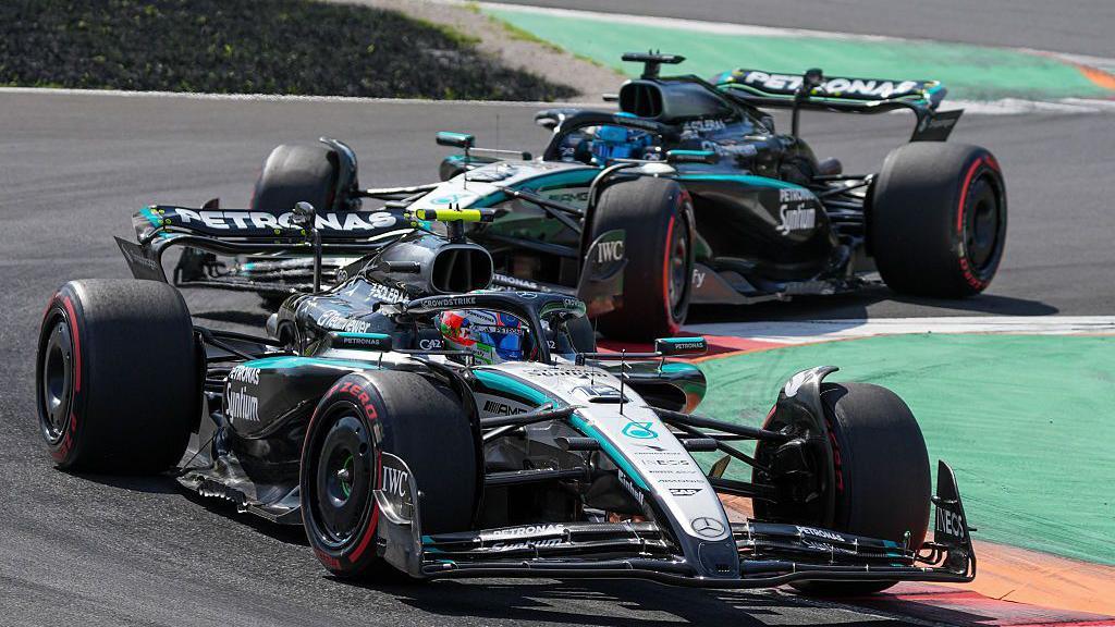 Kimi Antonelli (front) and George Russell during the Italian Grand Prix in September