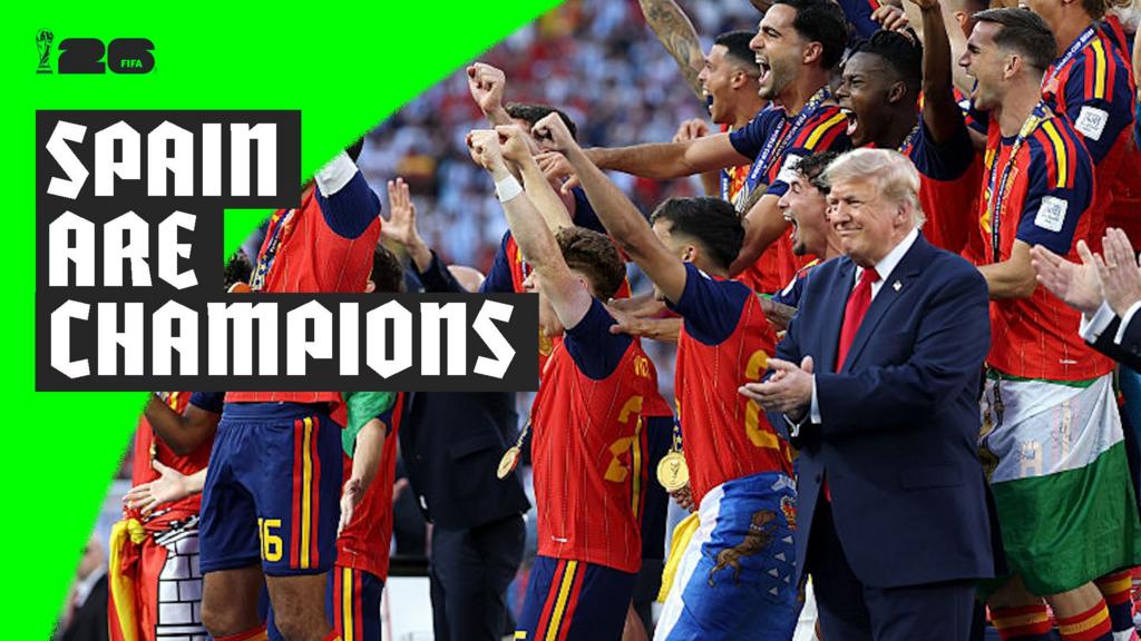 Spain lift World Cup trophy as Trump stays on stage Spain lift World Cup trophy as Trump stays on stage